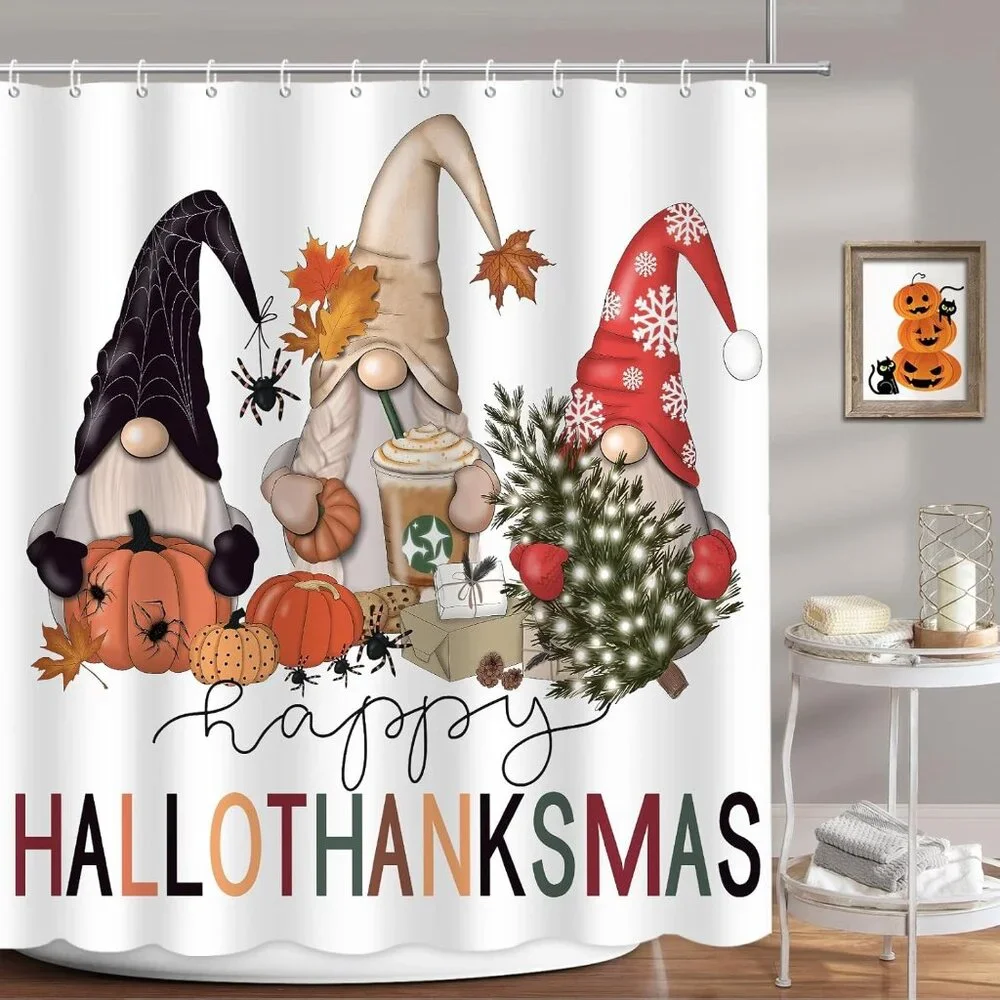 Eco-Friendly Halloween Gnome Shower Curtain Set with Non-Slip Rugs – 4Pcs